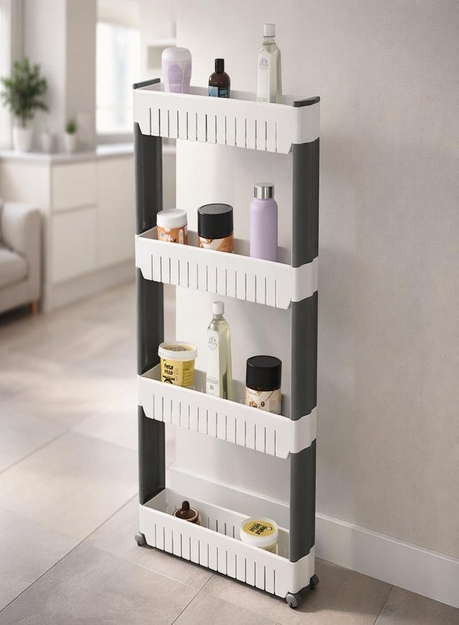 FLIPZON Slim Rolling Storage Rack - 4-Tiered Shelf Plastic Slide-Out Organizer | Space-Saving, Multipurpose | for Kitchen, Bathroom, Laundry, Pantry & Utility Storage | Floor Standing | White & Grey - Image 1